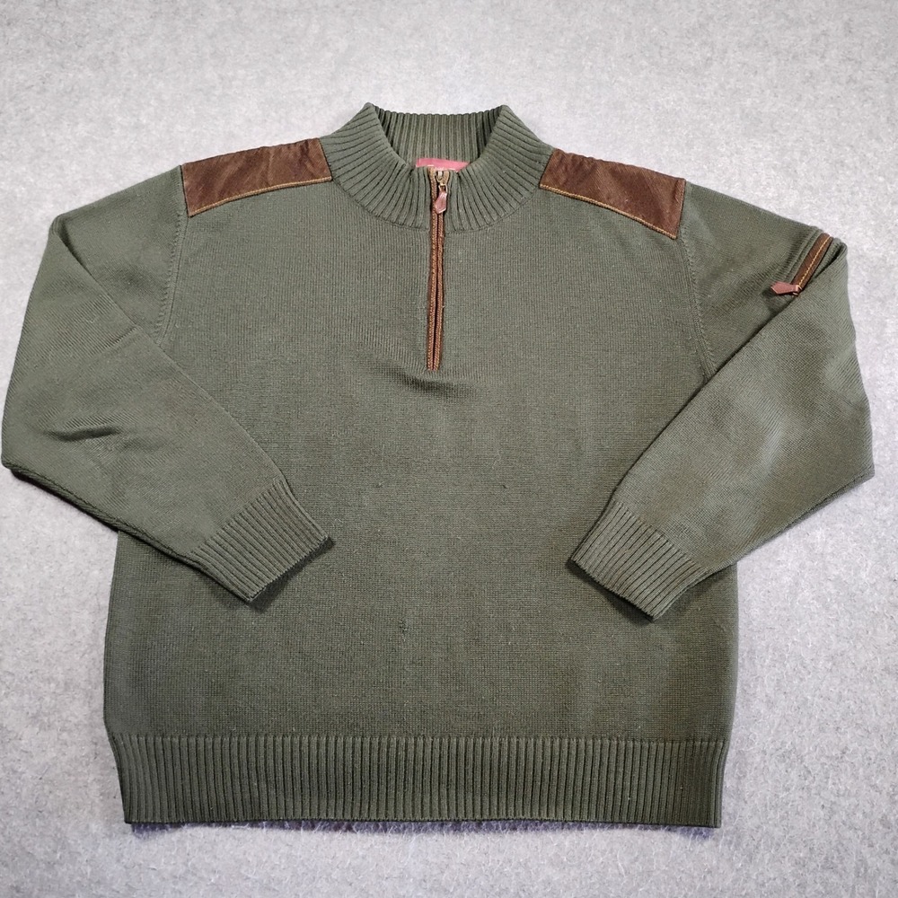 Emidio Tucci Mens M Olive Green 1/4 Zip Wool Blend Sweater Suede Patches Spain